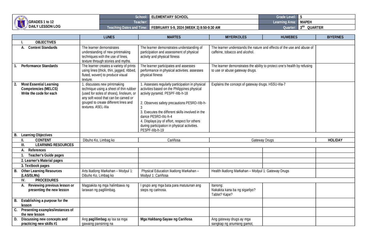 Dll Mapeh 5 Q3 W2 Final Dll Grades 1 To 12 Daily Lesson Log School Elementary School Grade 6515
