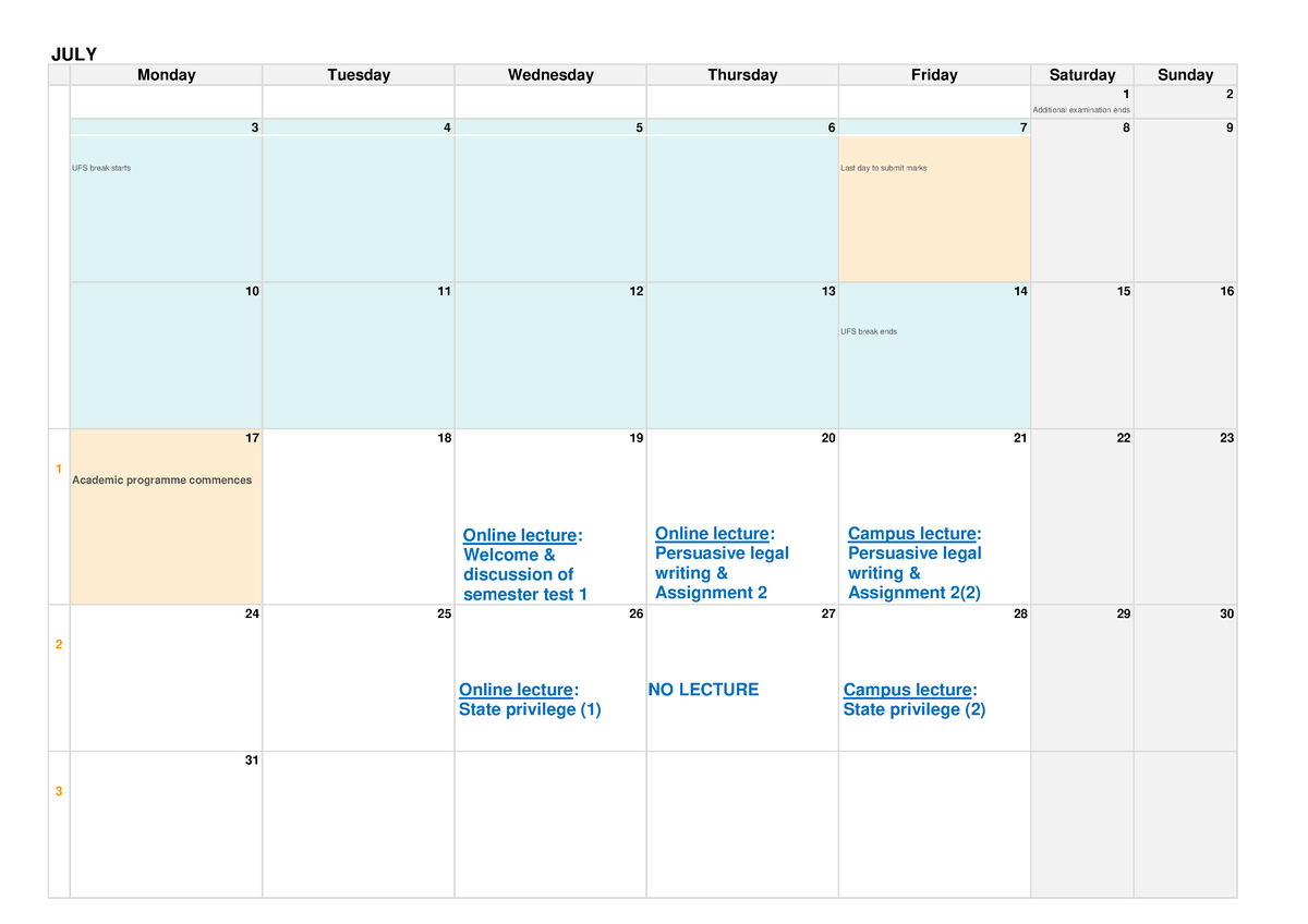 Teaching schedule - Second semester 2023 - JULY Monday Tuesday ...