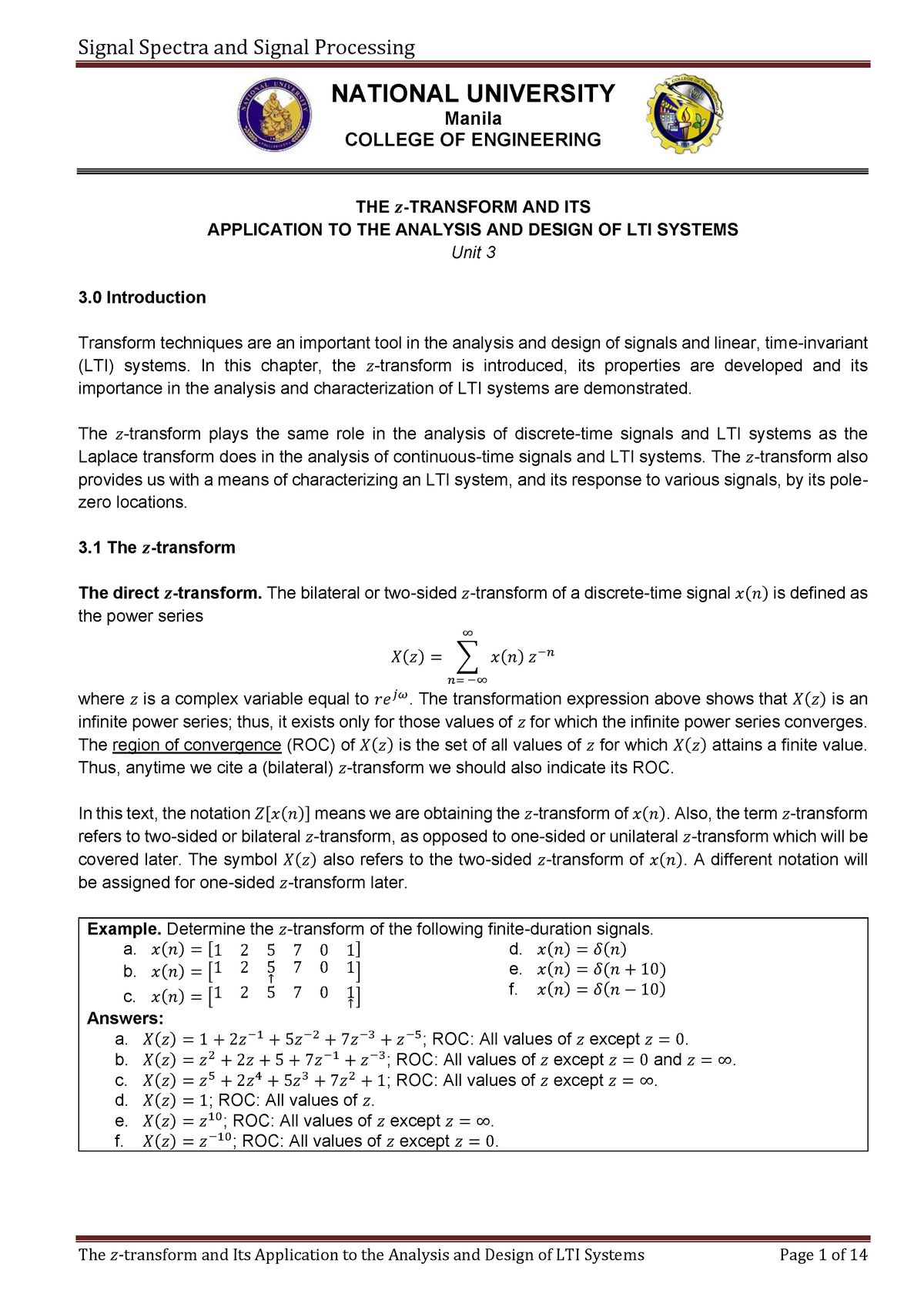 DSP Lecture Unit 3 - The Z-transform And Its Applications To The ...