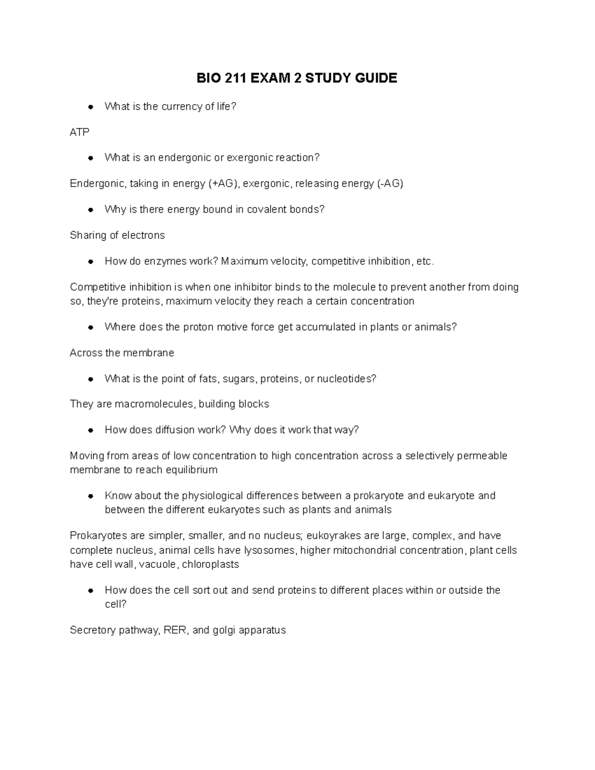 Bio 211 Test 2 Study Guide - BIO 211 EXAM 2 STUDY GUIDE What is the ...