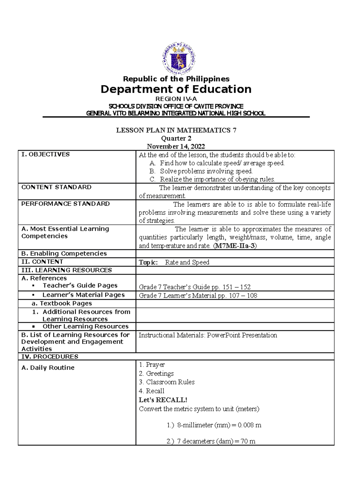 Rate and Speed - Republic of the Philippines Department of Education ...