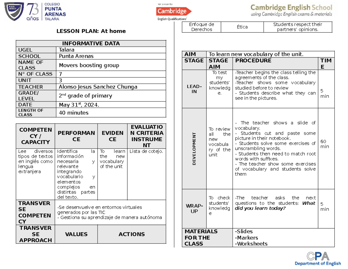 Class #7 - 2nd grade - Sesión de inglés - LESSON PLAN: At home ...