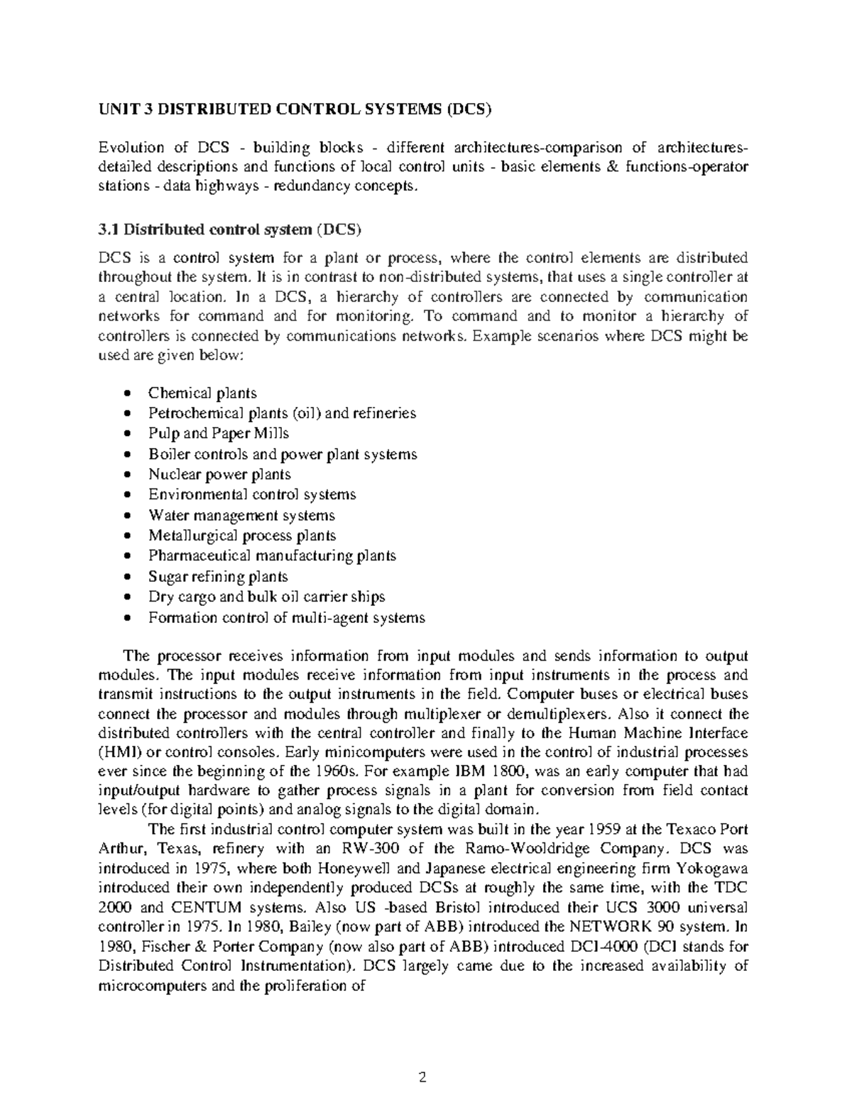 Distributed Control Systems (DCS) - UNIT 3 DISTRIBUTED CONTROL SYSTEMS ...