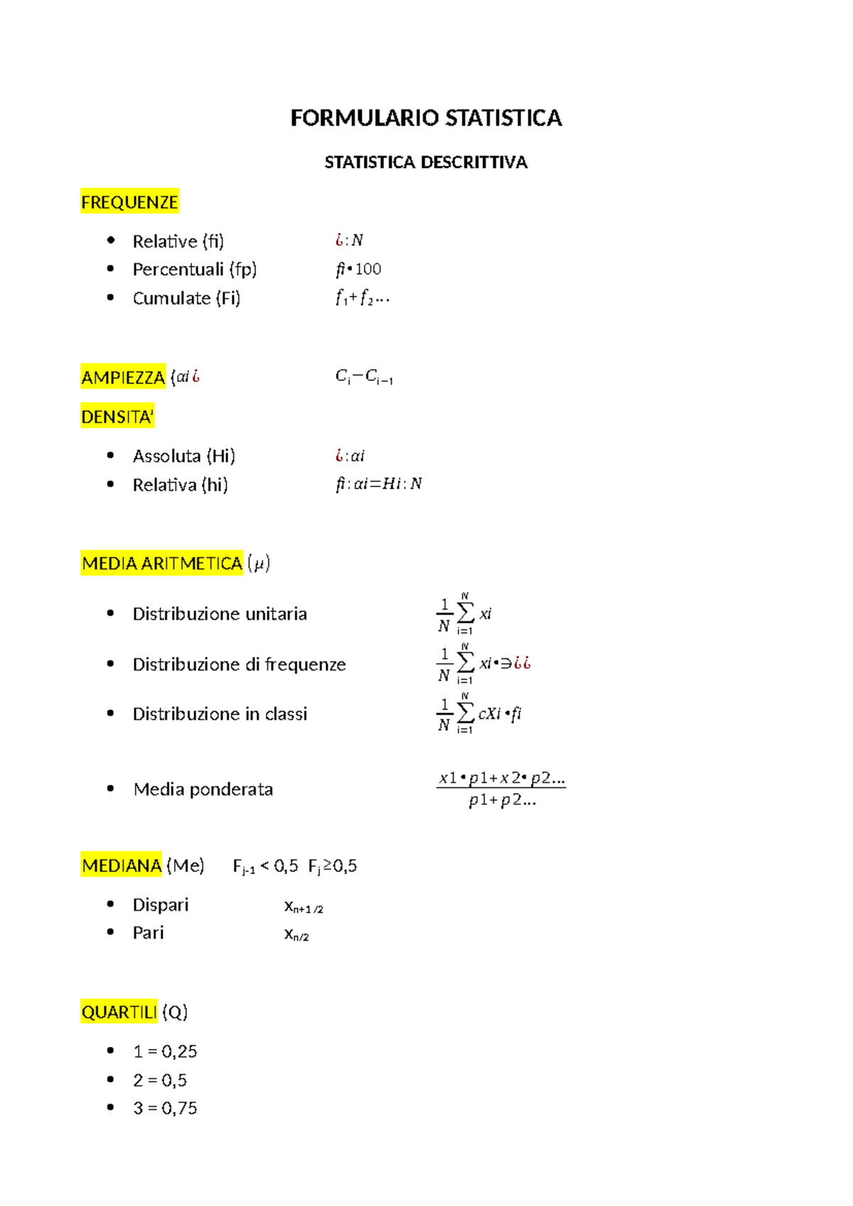 Formulario Statistica - FORMULARIO STATISTICA ####### STATISTICA ...