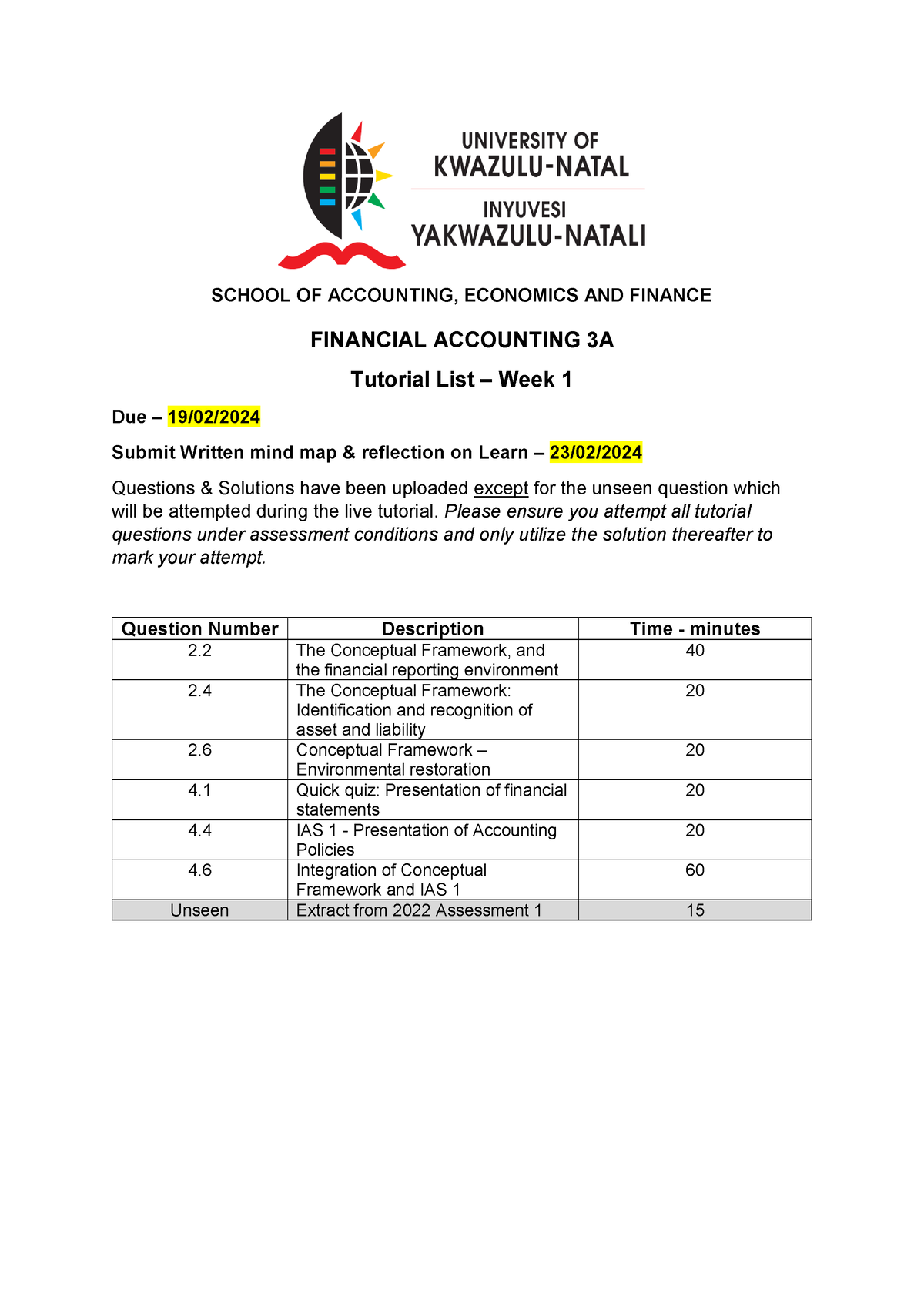 Week 1 Tutorial List - SCHOOL OF ACCOUNTING, ECONOMICS AND FINANCE ...