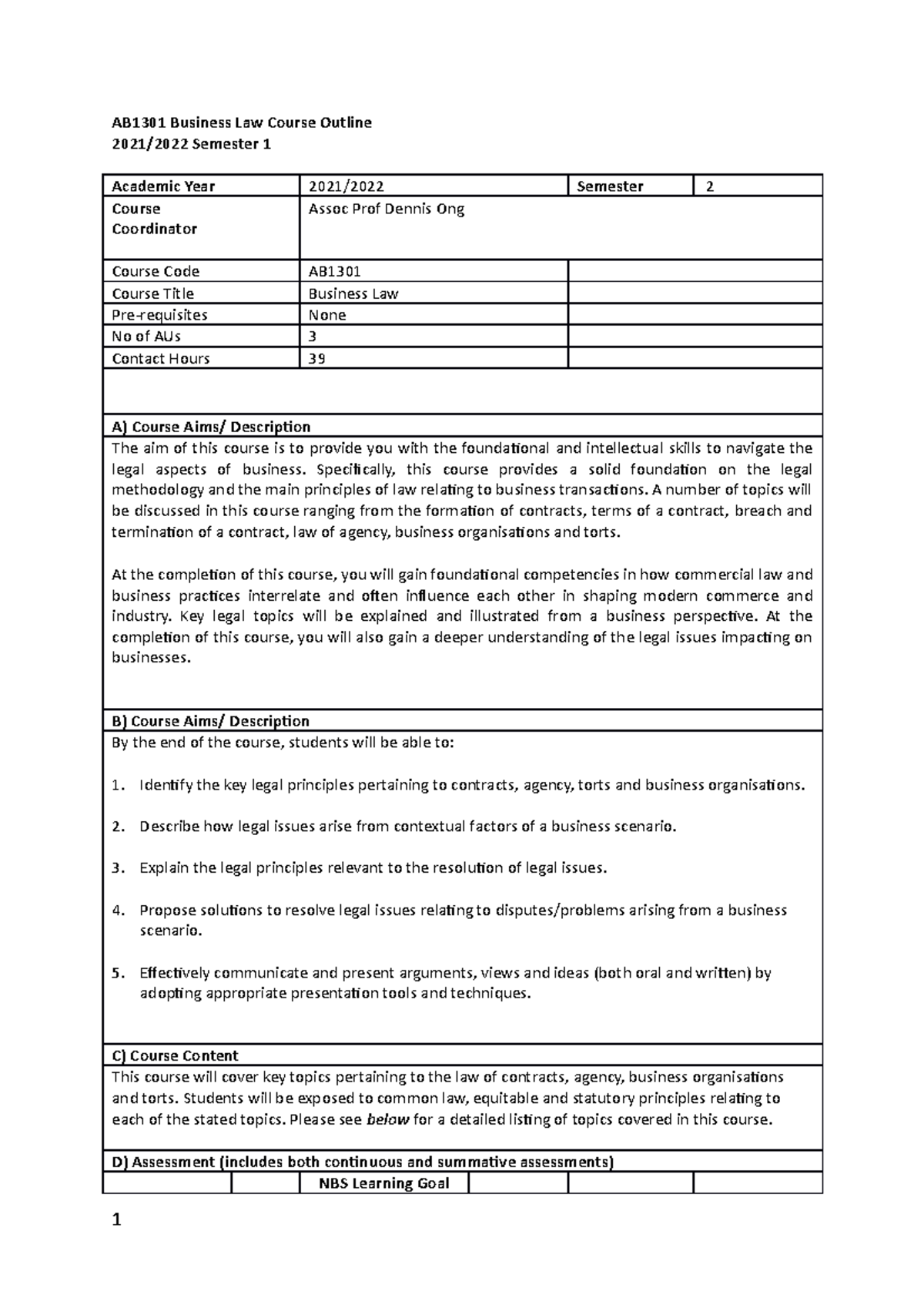 AB1301 Business Law Course Outline - AB1301 Business Law Course Outline ...