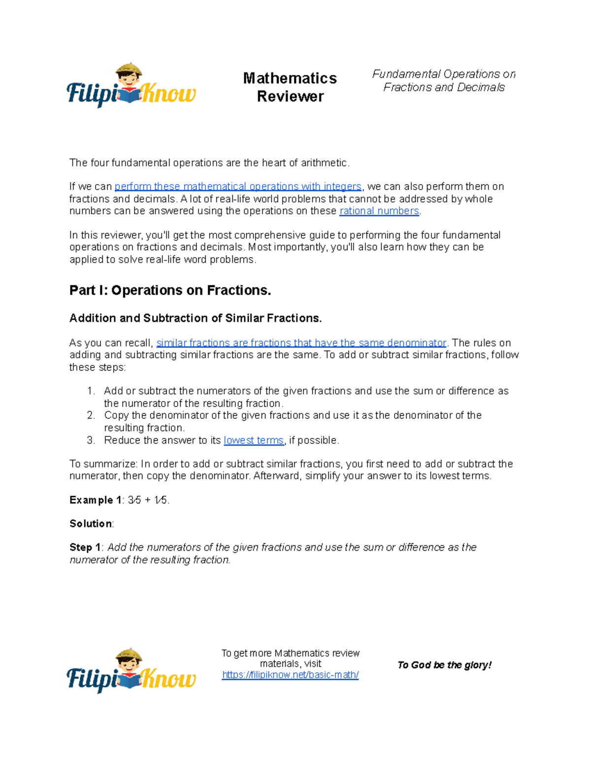 Operations On Fractions And Decimals Module Mathematics Reviewer Operations On Fractions And Decimals Module Mathematics Reviewer