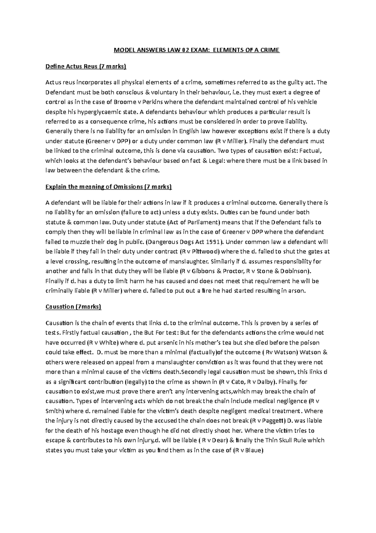 Elements of a crime answers model answers law 02 exam elements of