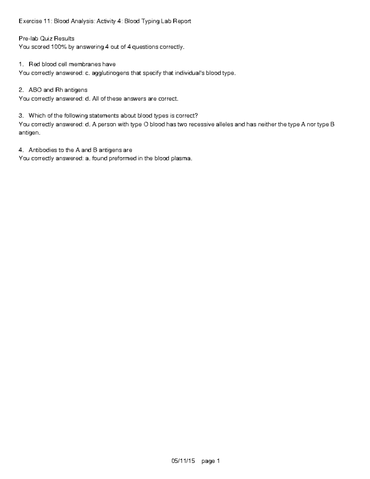 PhysioEx Exercise 11 Activity 4 - Exercise 11: Blood Analysis: Activity ...