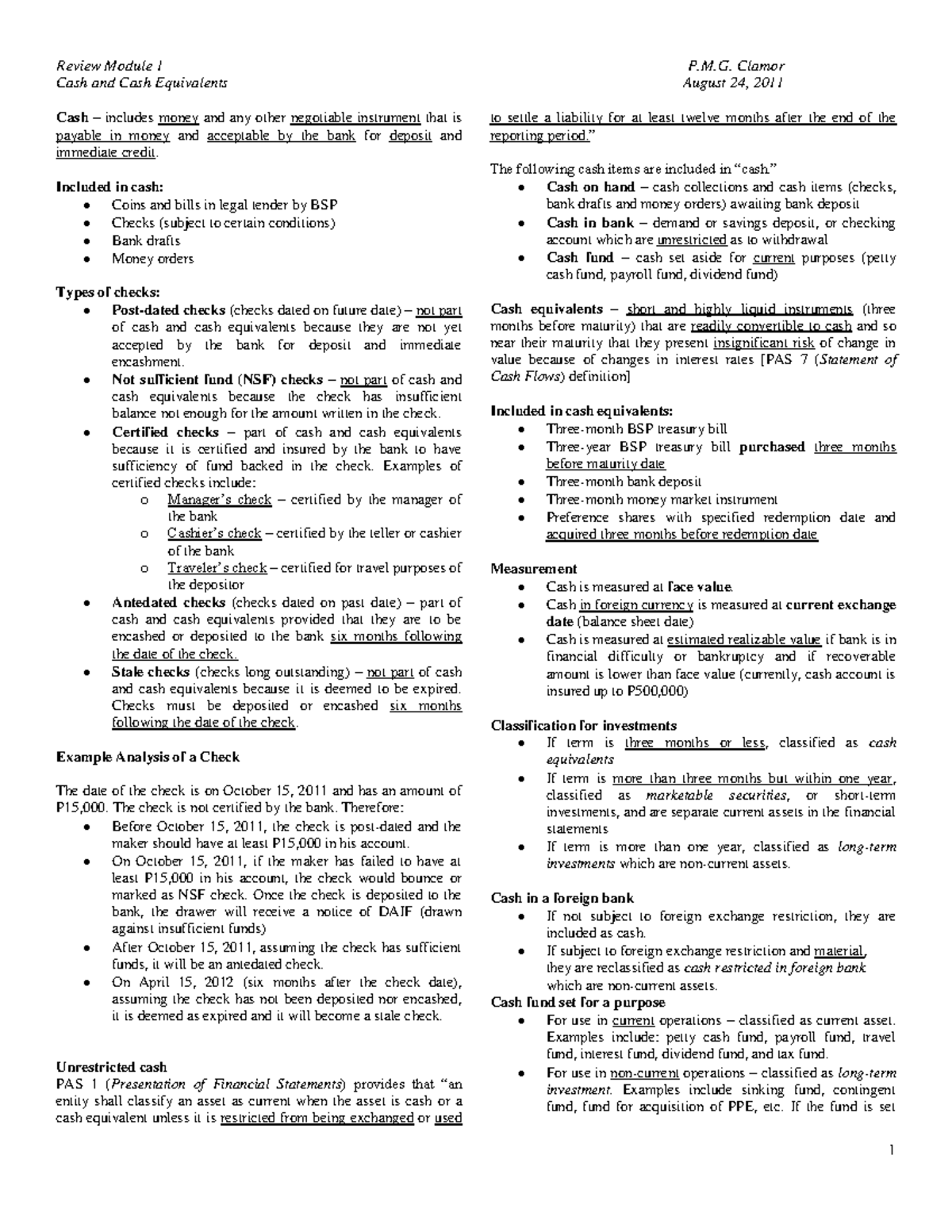 Toaz - Reviewer for cash and cash equivalents - Review Module 1 P.M ...