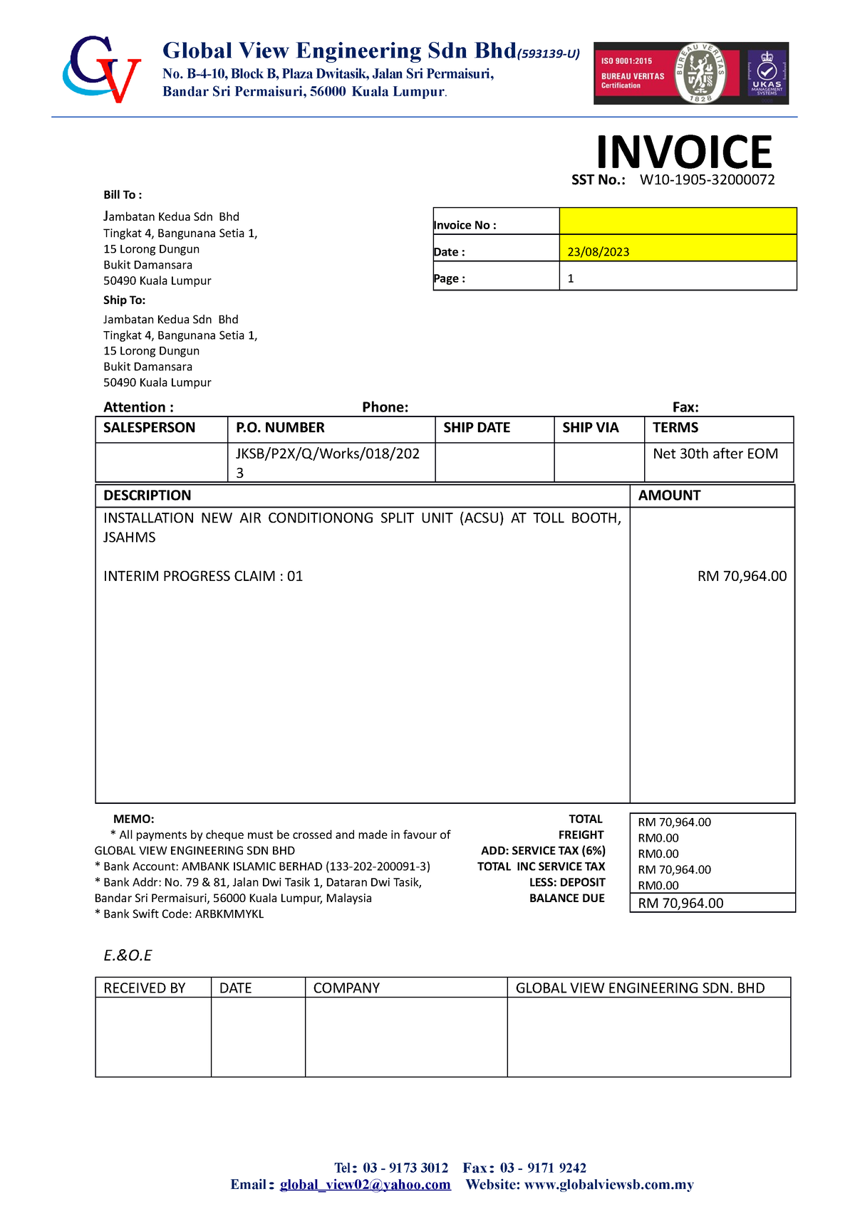 5. Invoice din mechanical jksb - INVOICE Bill To : Jambatan Kedua Sdn ...