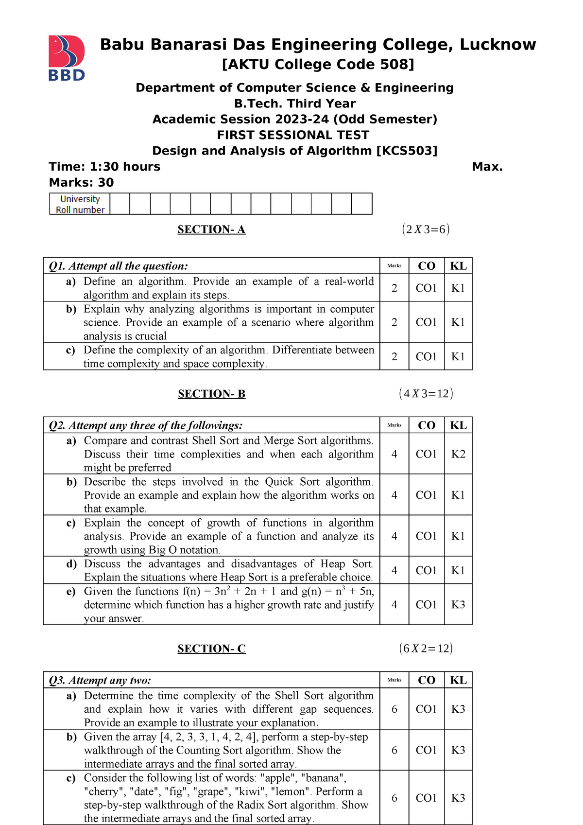 Design And Analysis Of Algorithm KCS503 - Babu Banarasi Das Engineering ...