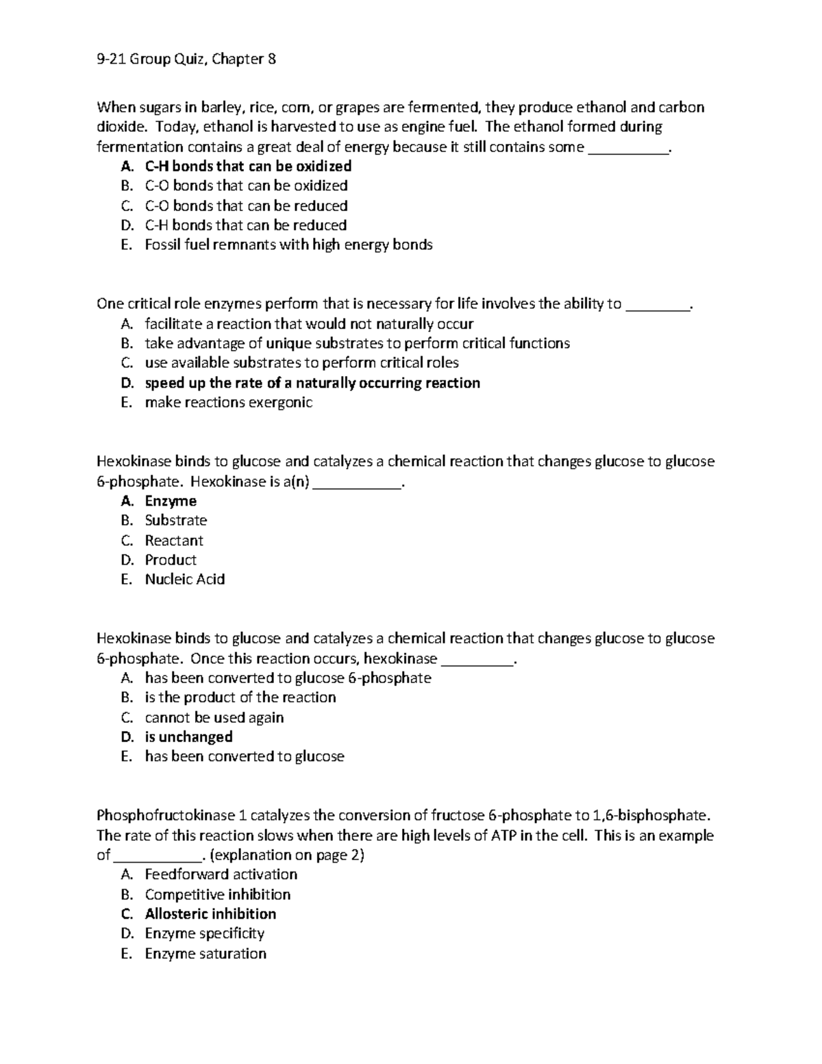 Chapter 8 Group Quiz KEY - 9-21 Group Quiz, Chapter 8 When sugars in ...