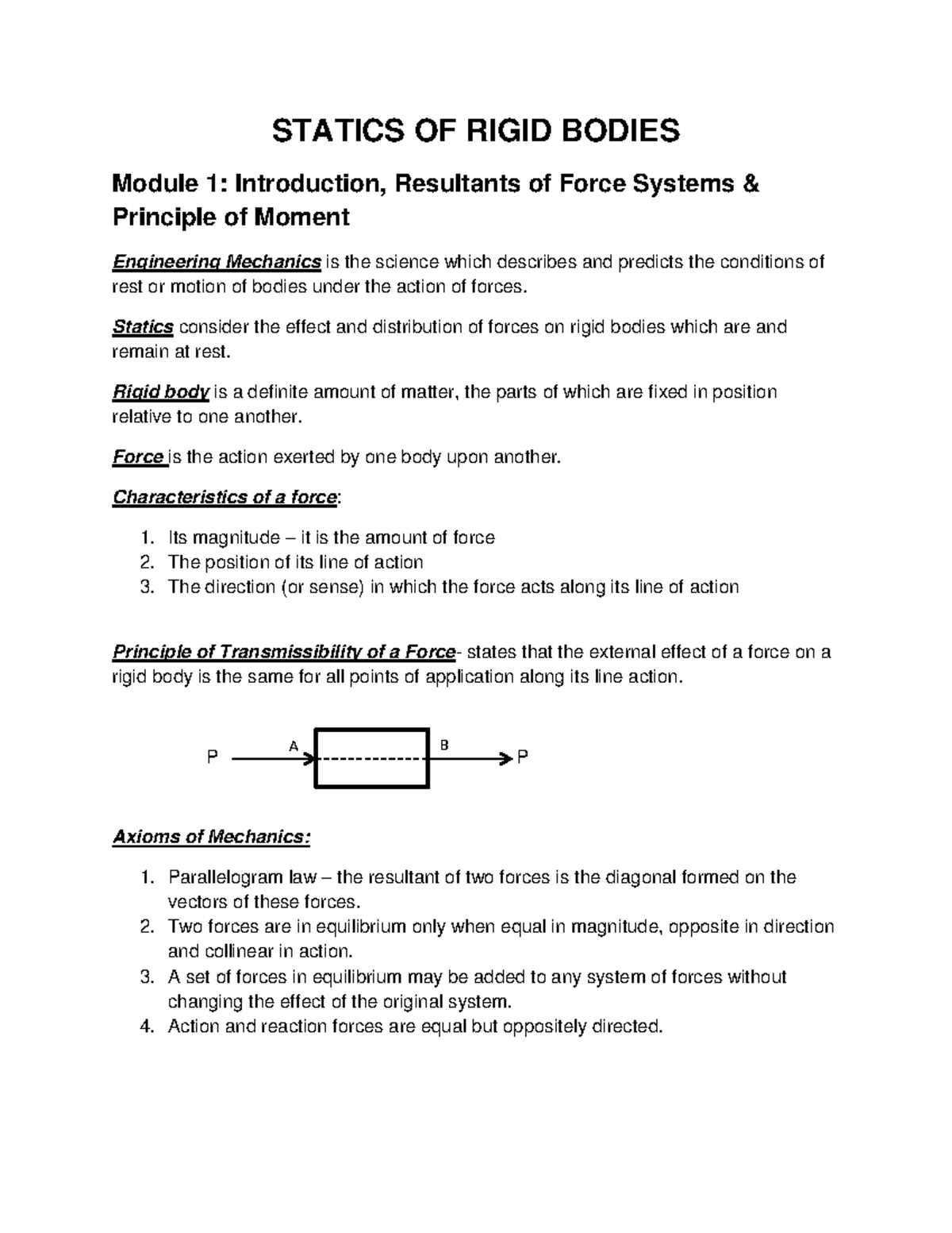 Introduction, Resultants Of Force Systems, Moments - Statics Of Rigid ...