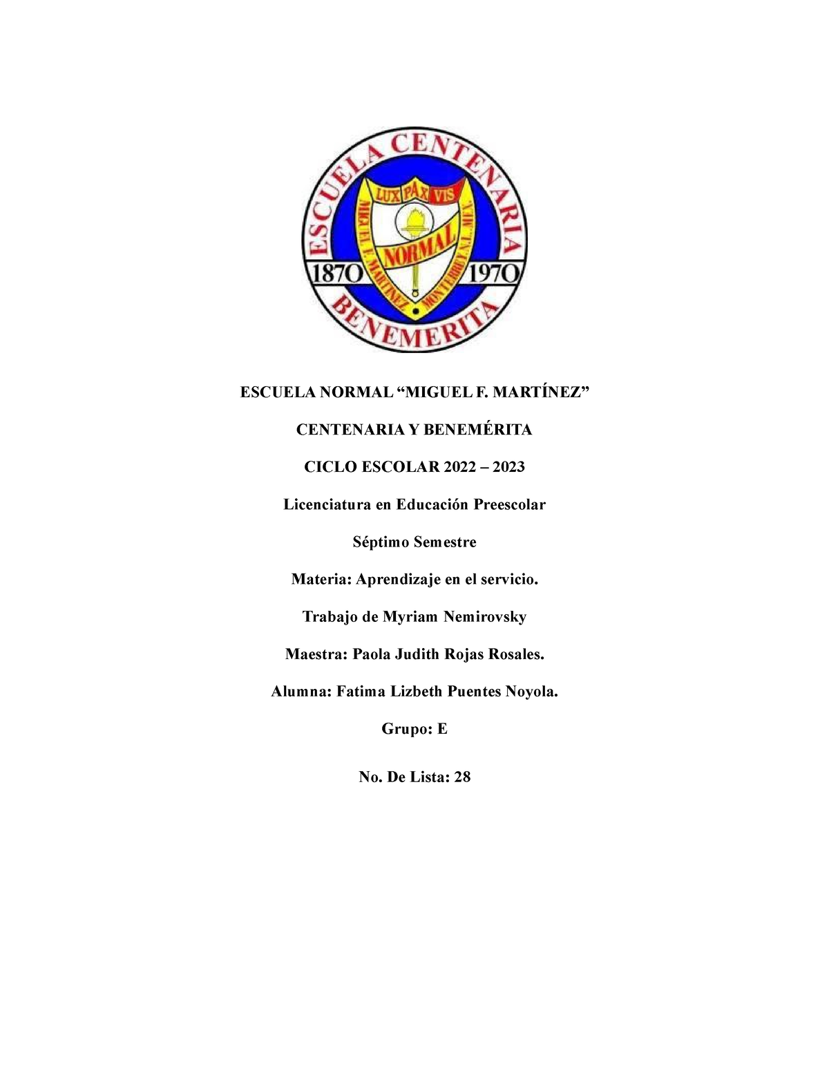 Trabajo De Myriam Nemirovsky Escuela Normal “miguel F MartÍnez” Centenaria Y BenemÉrita Ciclo 8171