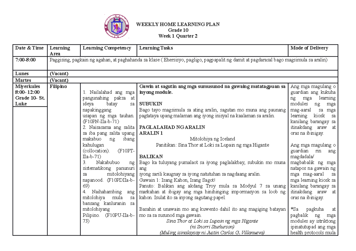 FIL Q2 WHLP WEEK 1-4 - NONE - WEEKLY HOME LEARNING PLAN Grade 10 Week 1 ...