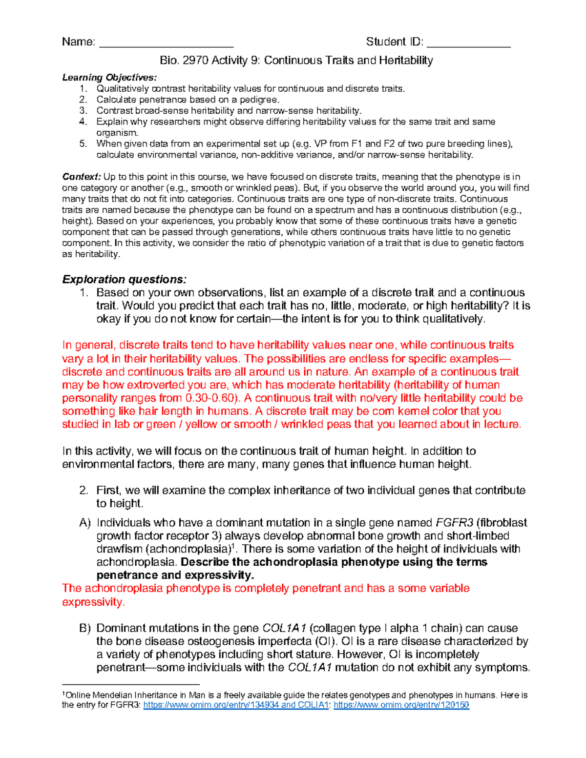 FL23 2970 Activity continous traits and heritability vf KEY - Bio. 2970 ...