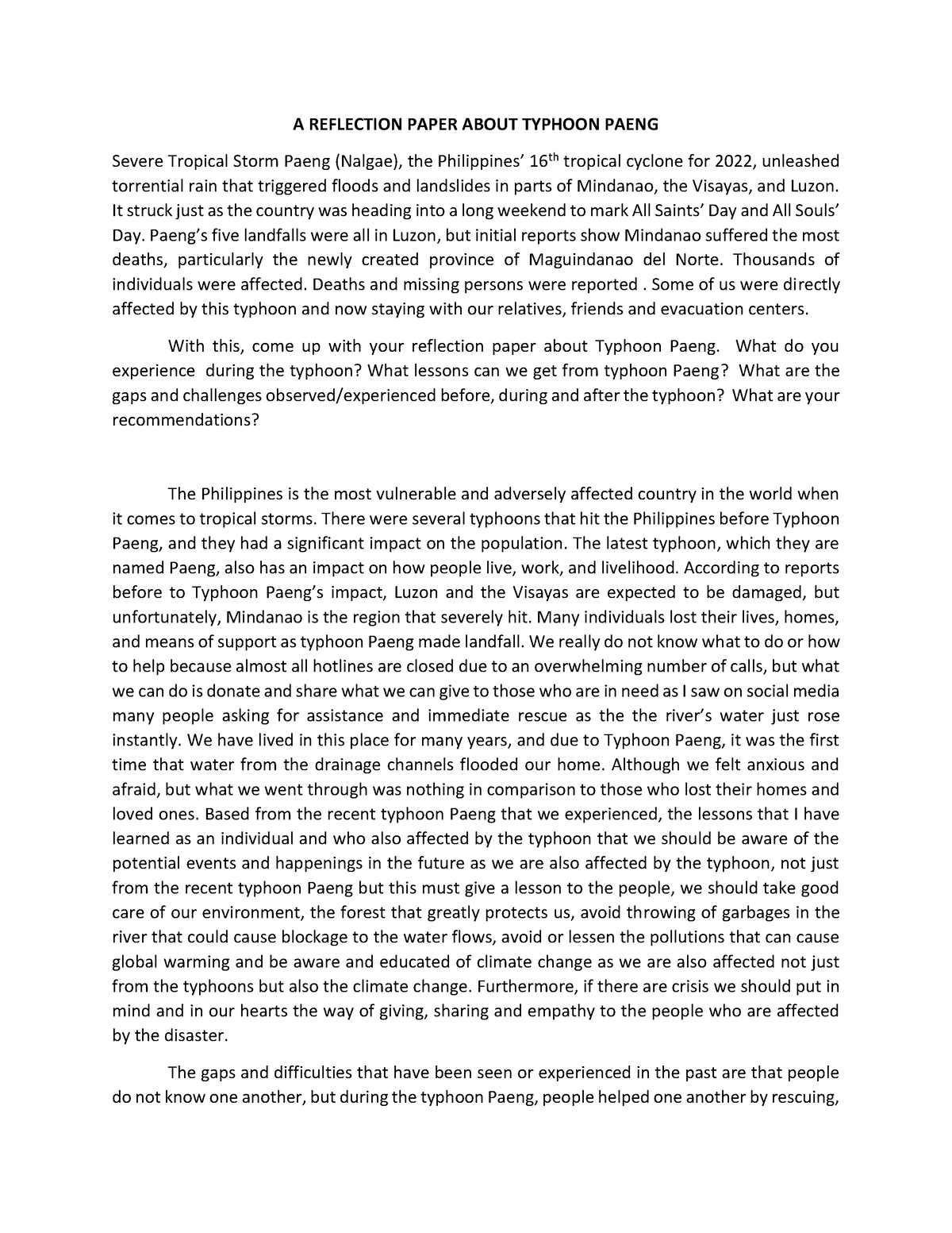 A Reflection Paper - A REFLECTION PAPER ABOUT TYPHOON PAENG Severe ...