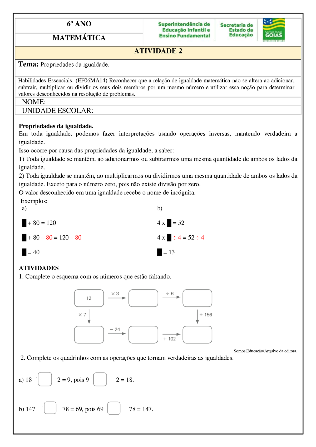 6o MAT Atividade 2 Propriedades DA Igualdade 1 - 6º ANO MATEMÁTICA ...