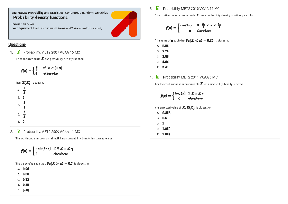 Probability Snapshot 3 - 1. Probability, MET2 2007 VCAA 16 MC 2 ...