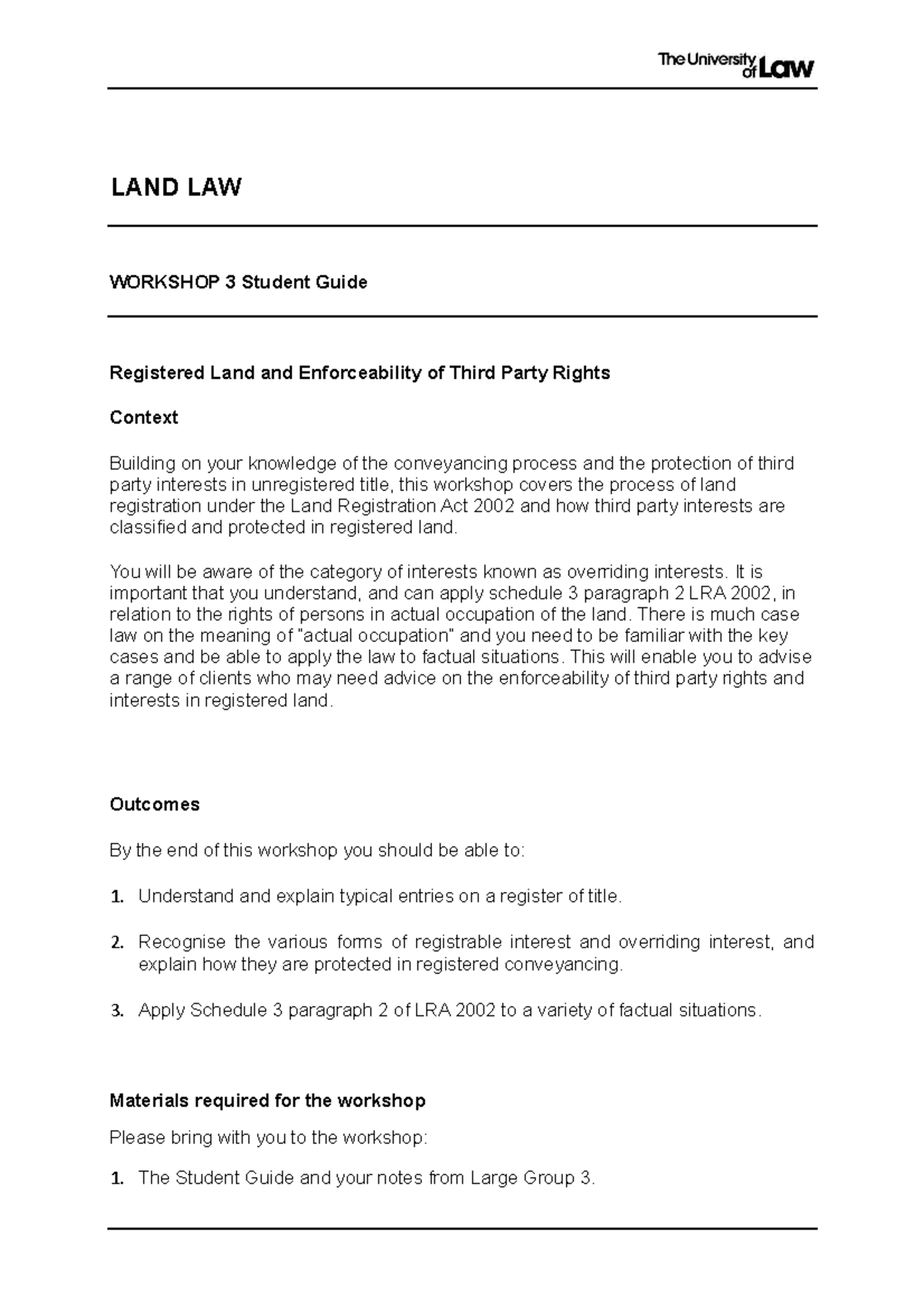 Landws 3 ws3 LAND LAW 3 Student Guide Registered Land and