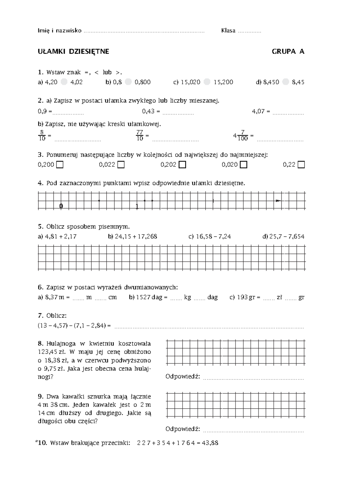 420247428 Ulamki Dziesietne Praca Klasowa w 4 Klasie Szkoly Podstawowej