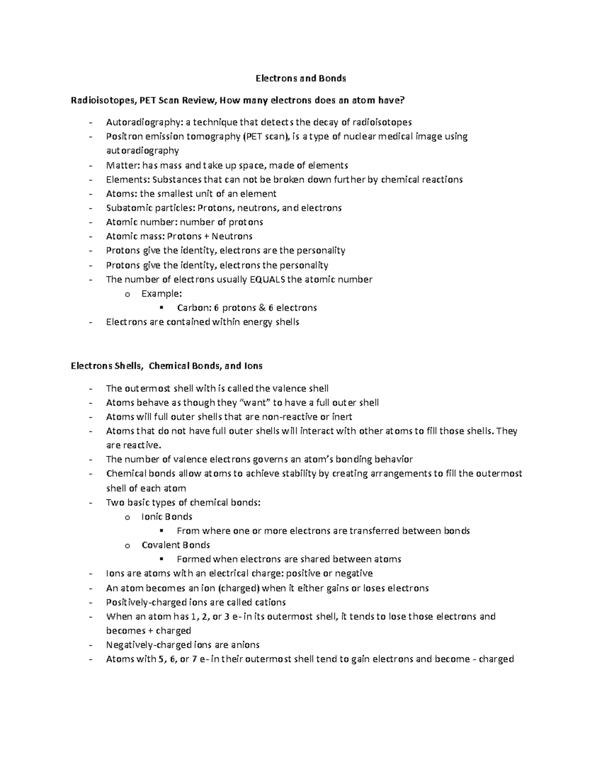 Electrons and Bonds Electrons and Bonds Radioisotopes, PET Scan