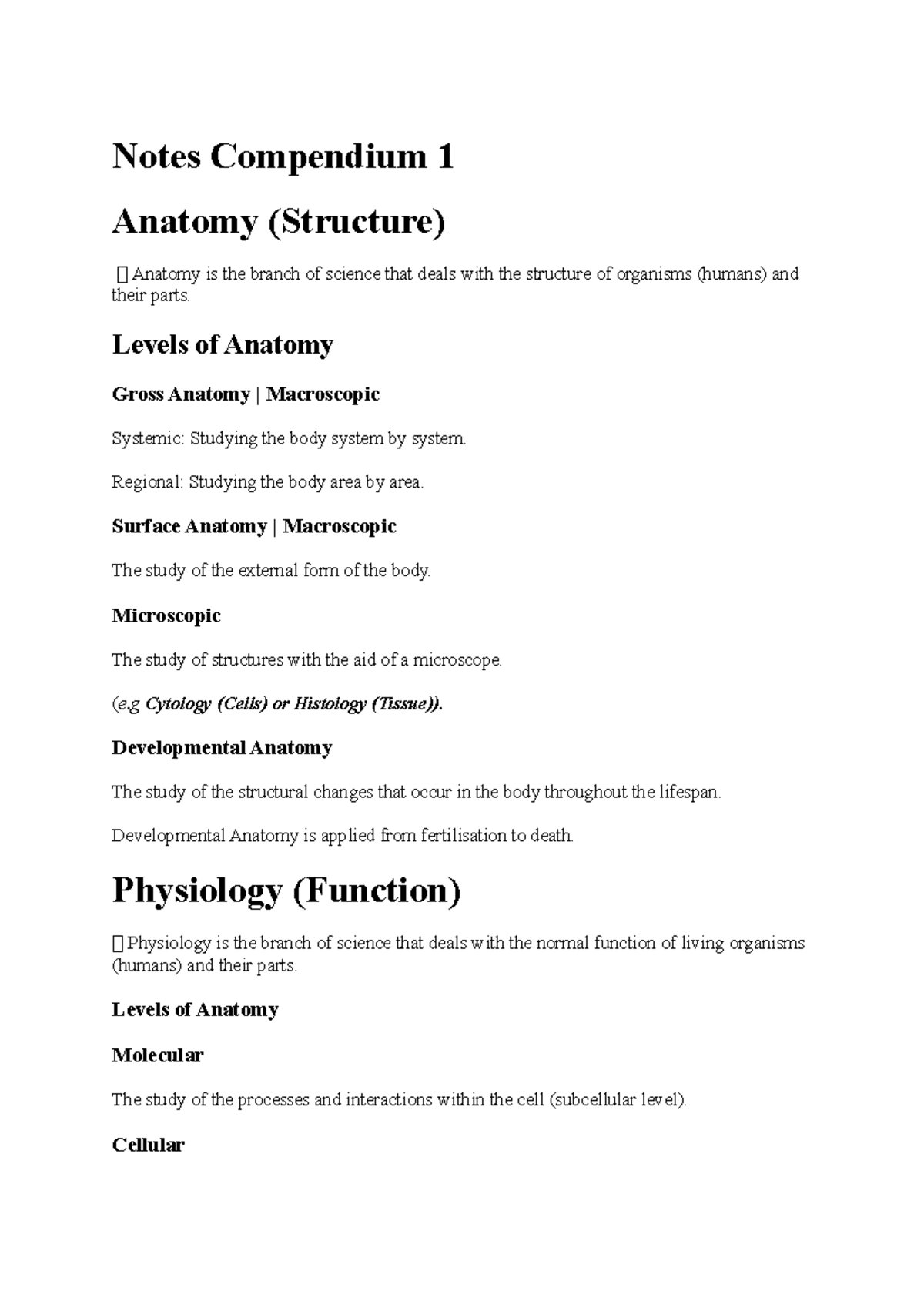 Notes for Compendium 1 - Notes Compendium 1 Anatomy (Structure) 🐀 ...