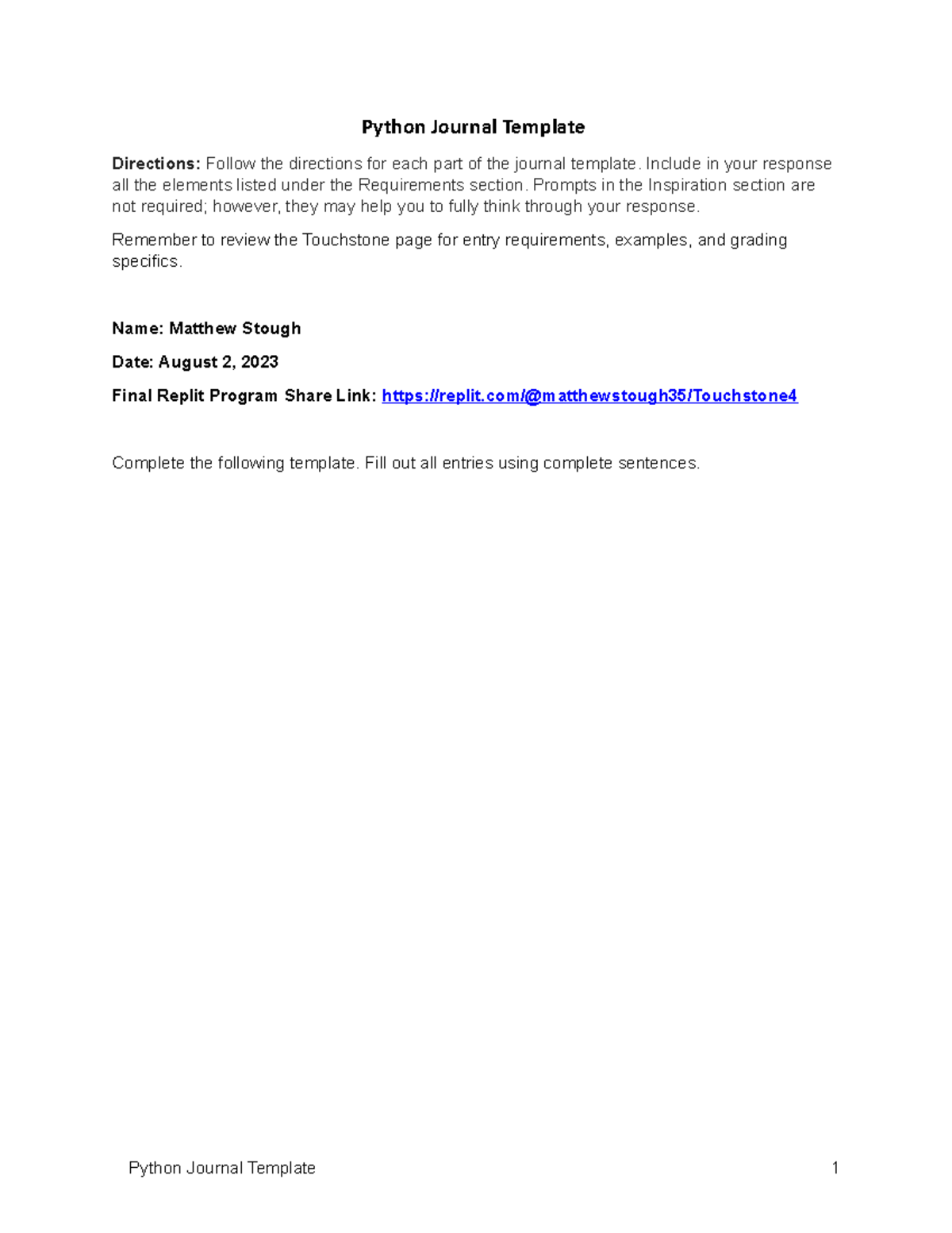 Python Journal Touchstone - Python Journal Template Directions: Follow ...