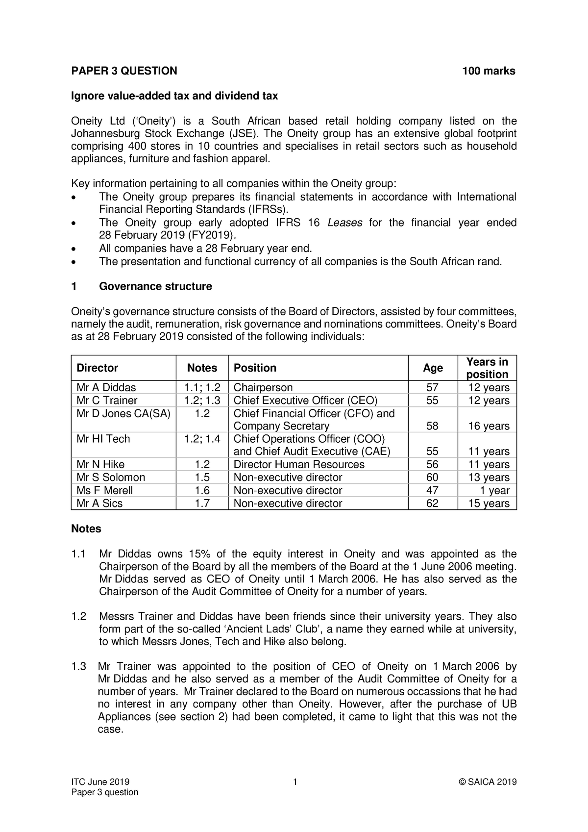 ITC June 2019 Paper 3 Question 1 Oneity ITC June 2019 1 © SAICA 2019