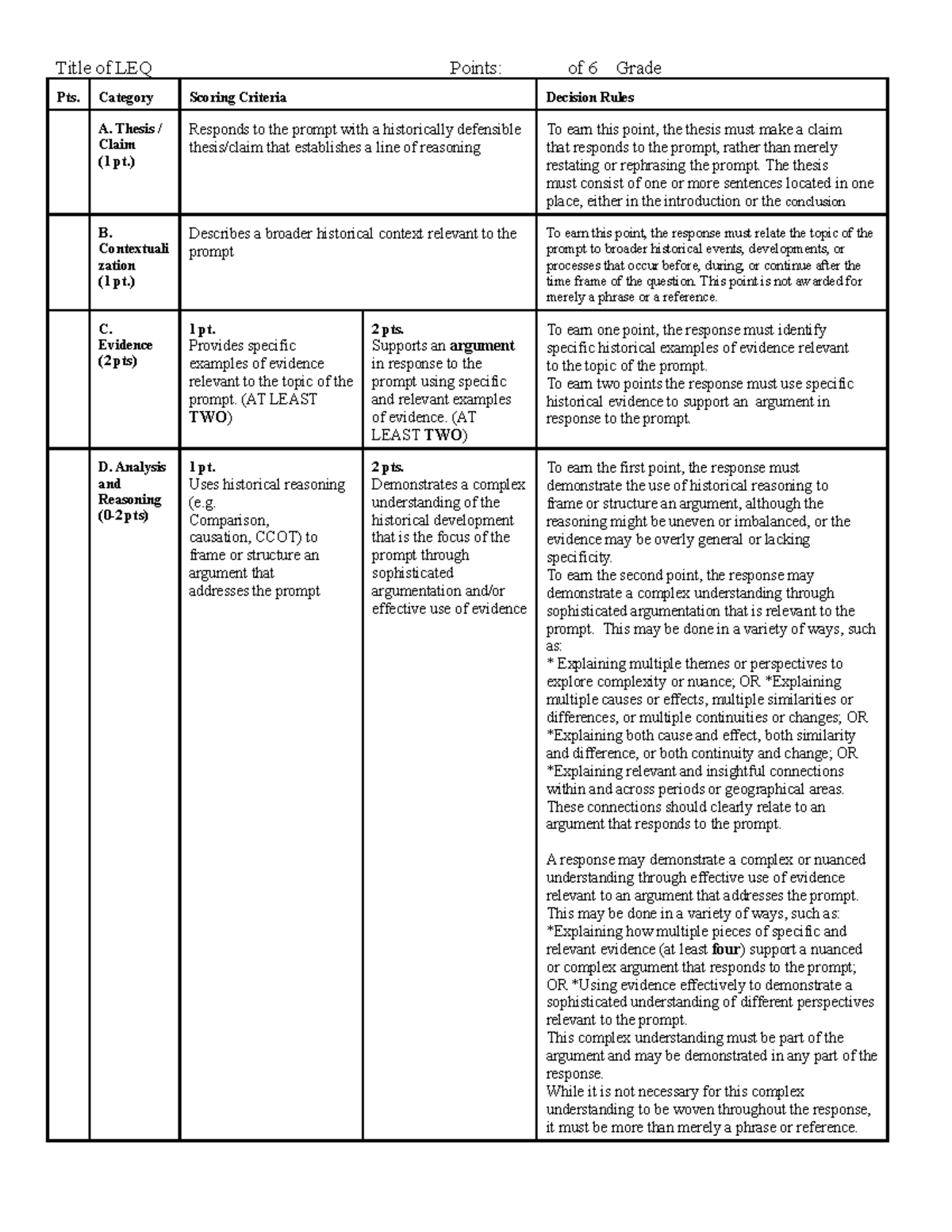 LEQ Rubric Fall 2023 Title of LEQ