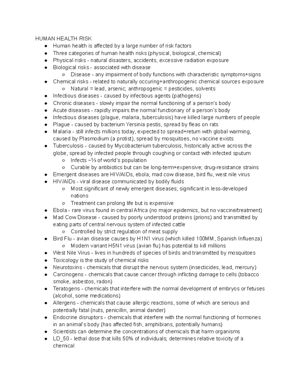 NRE1000 CH12 - Lecture notes ch12 - HUMAN HEALTH RISK Human health is ...