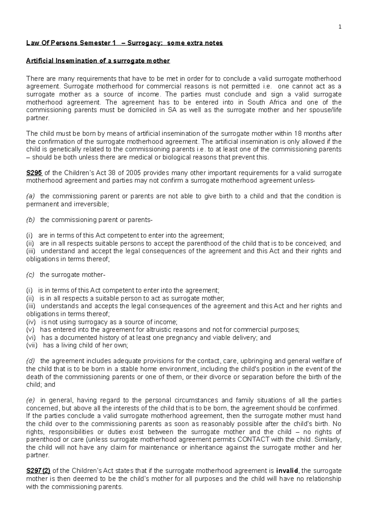 Persons 2020 Surrogacy notes - 1 Law Of Persons Semester 1 – Surrogacy ...