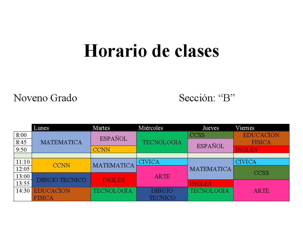 Horario De Clases Inglés Técnico Horario De Clases Noveno Grado Sección “b” Lunes Martes