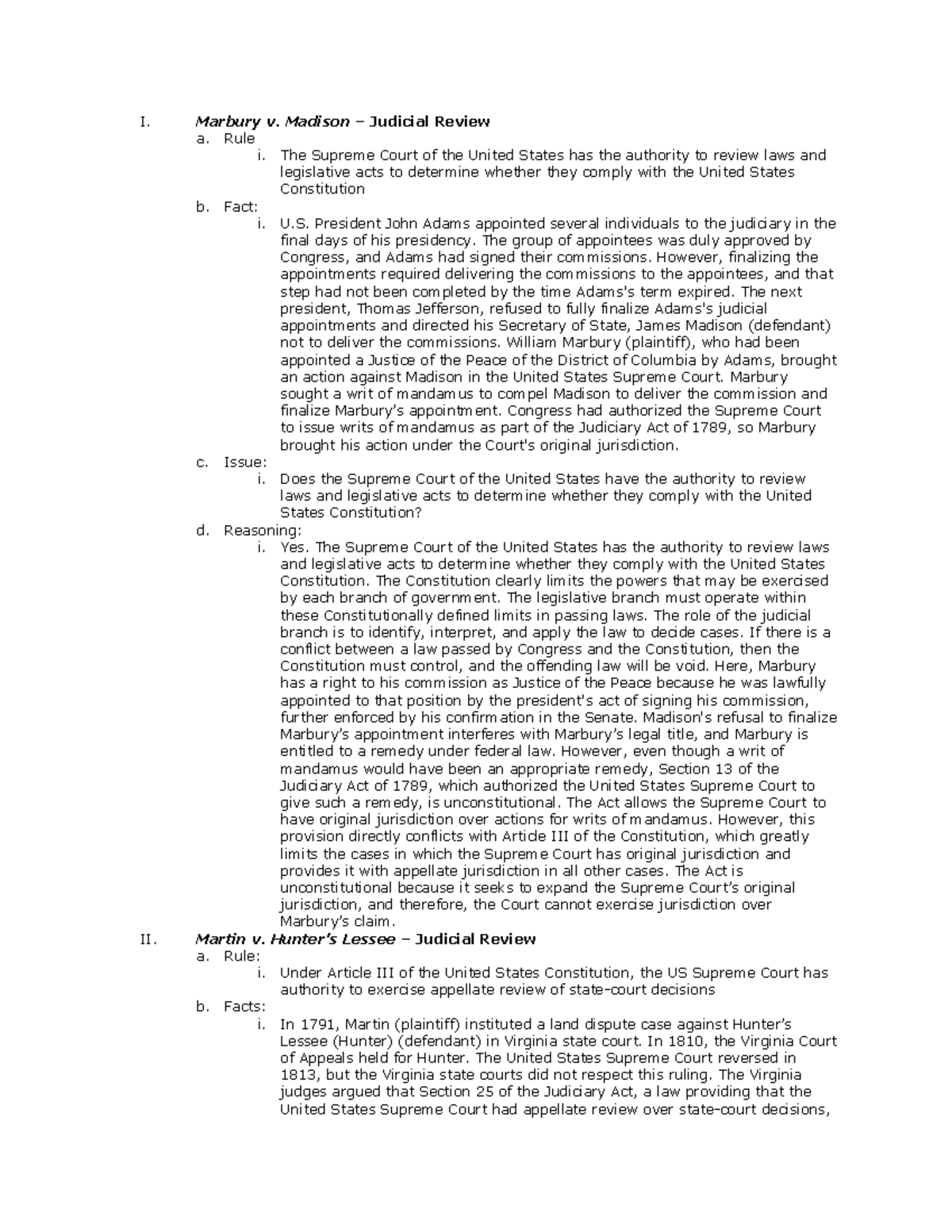 Constitutional Law Cases Outline - I. Marbury V. Madison – Judicial ...