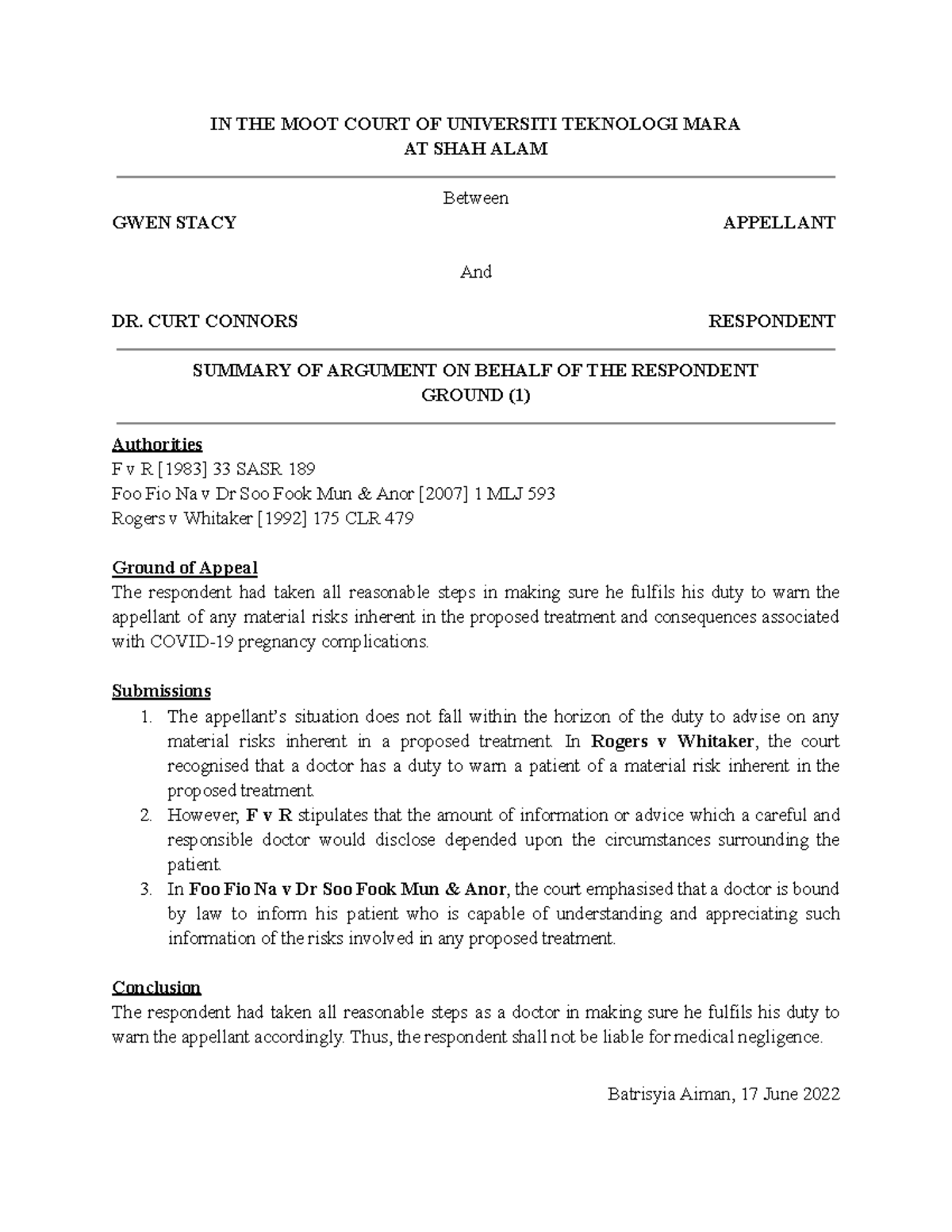 Outline OF Submission - Just a short notes - IN THE MOOT COURT OF ...