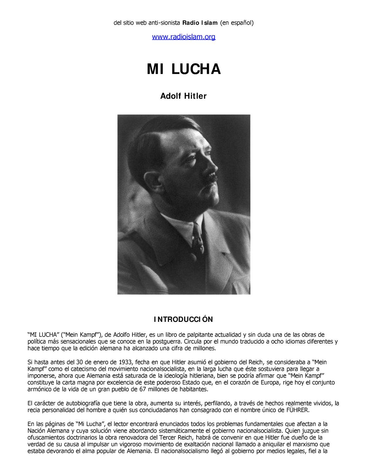 Adolf Hitler - Mi lucha - del sitio web anti-sionista Radio I slam (en  español) radioislam MI LUCHA - Studocu