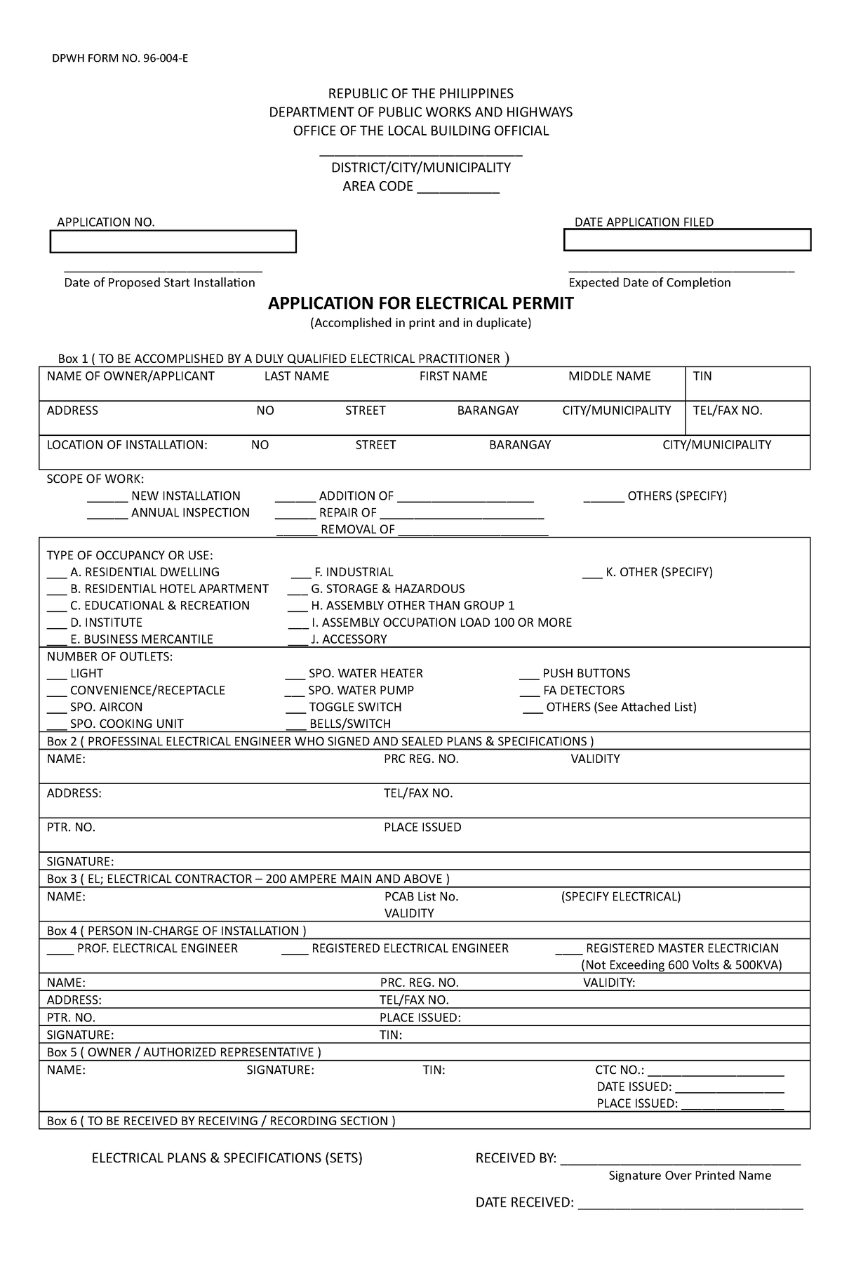 Application FOR Electrical Permit DPWH FORM NO. 96004E REPUBLIC OF