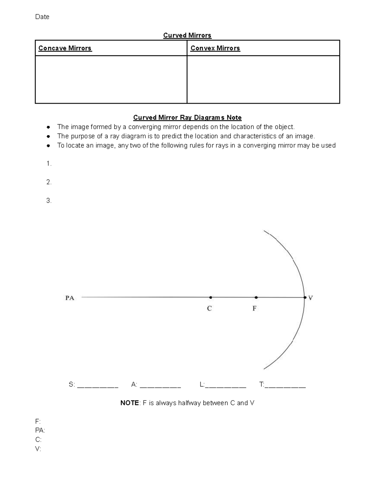Curved Mirror Ray Diagram note Date Curved Mirrors Concave Mirrors