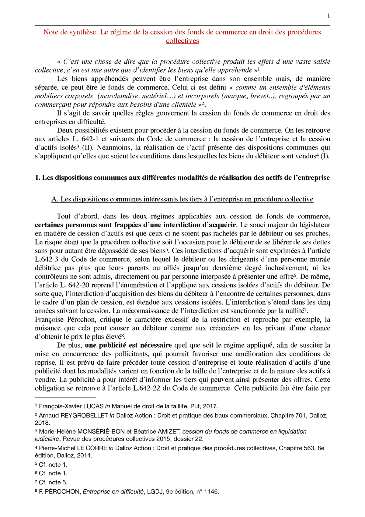 Note 1  Note de synthèse sur le régime de la cession des fonds de