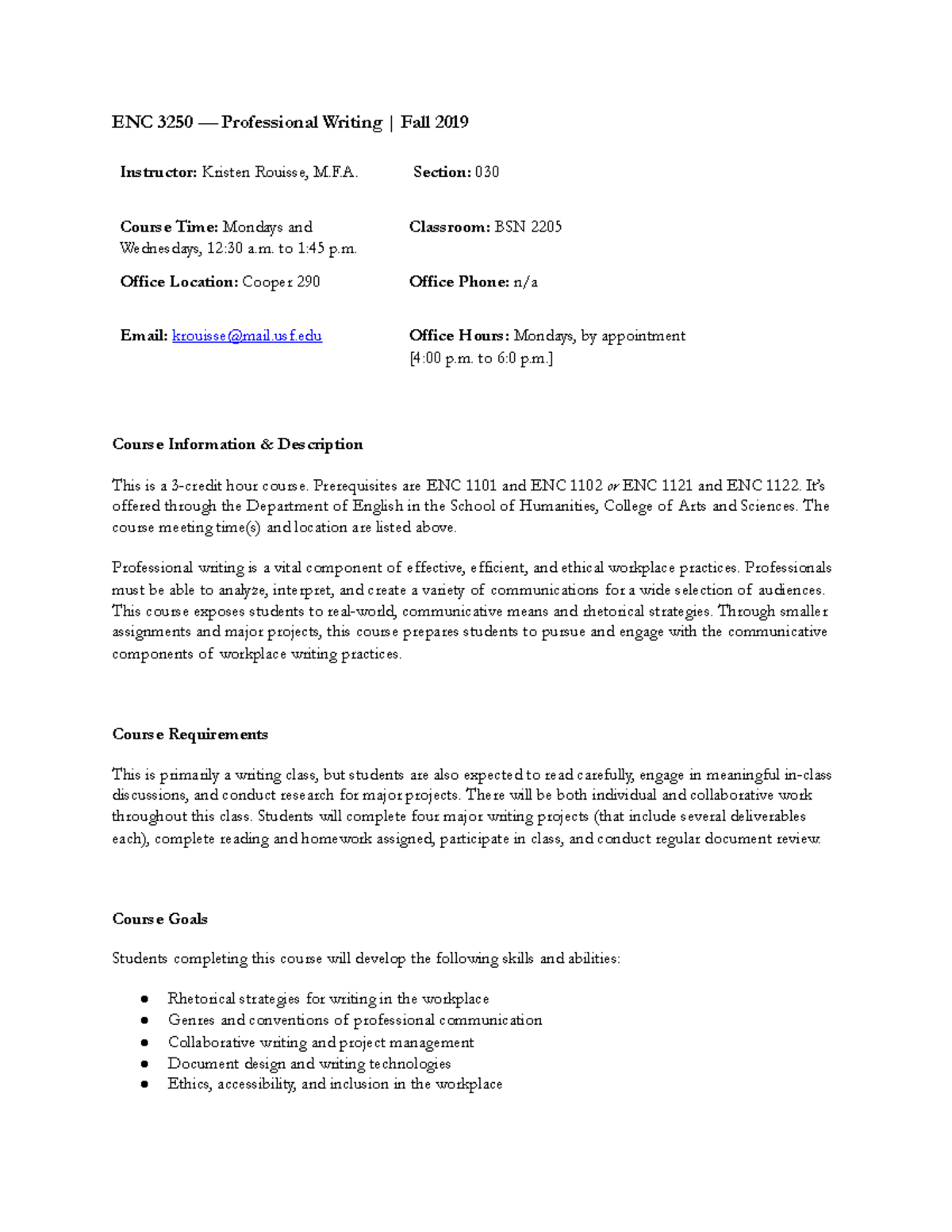 ENC3250 Fall2019 Syllabus F 2F030-1 - ENC 3250 — Professional Writing ...