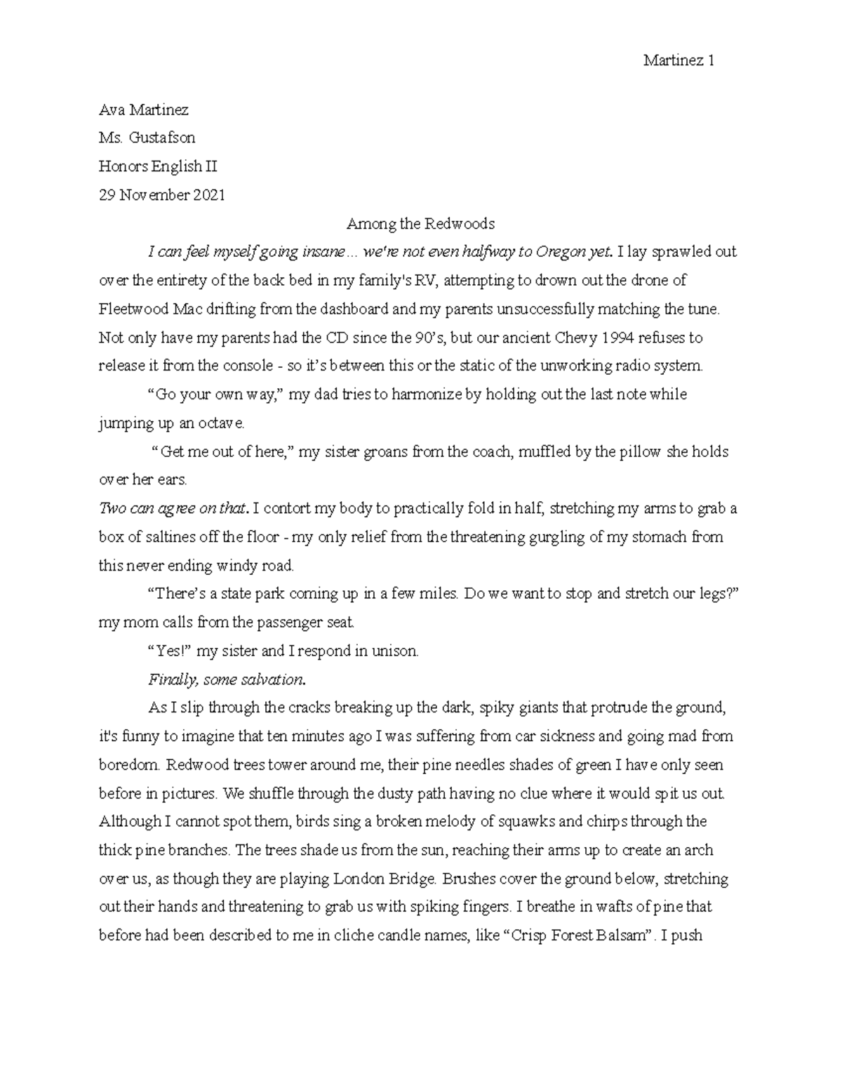 Memory Snapshot Narrative Martinez 1 Ava Martinez Ms. Gustafson Honors English II 29 November