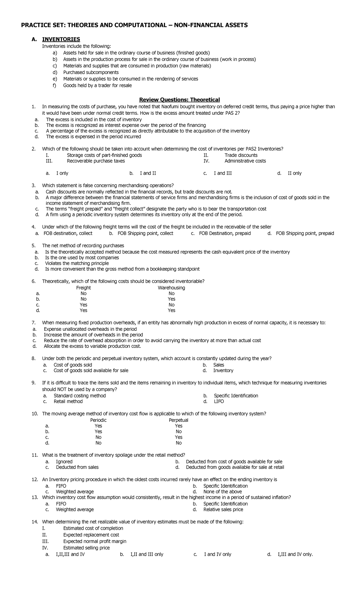 Practice Material for Non-Financial Assets - PRACTICE SET: THEORIES AND ...