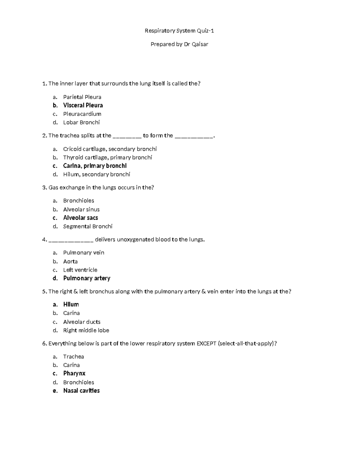 Respiratory system Quiz-2 prepared by Dr Qaisar - Respiratory System ...