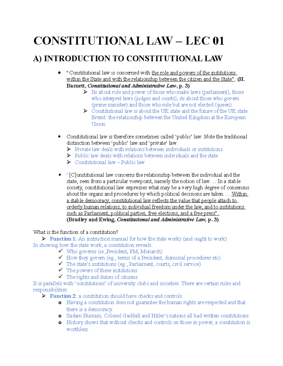 Lec 01 - Lecture notes 1 - CONSTITUTIONAL LAW – LEC 01 A) INTRODUCTION ...