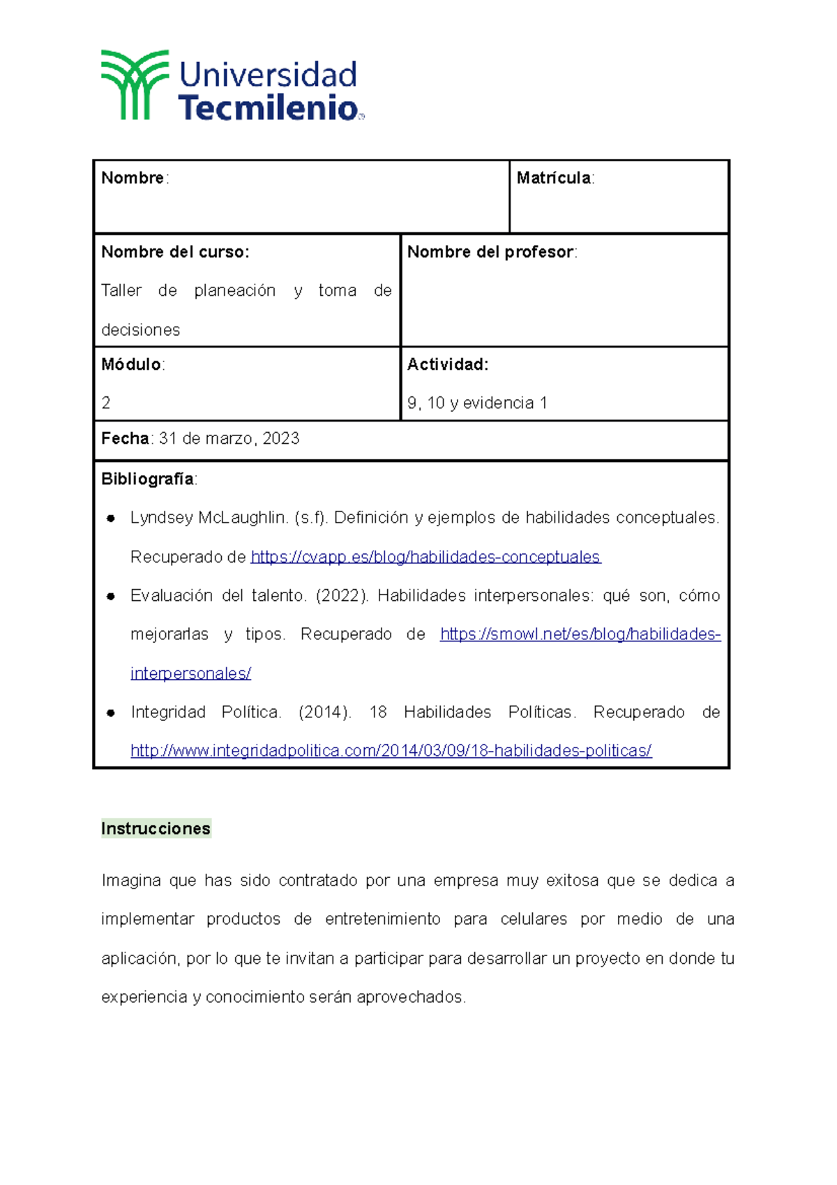 Actividad - Taller de planeación y toma de decisiones - Nombre ...
