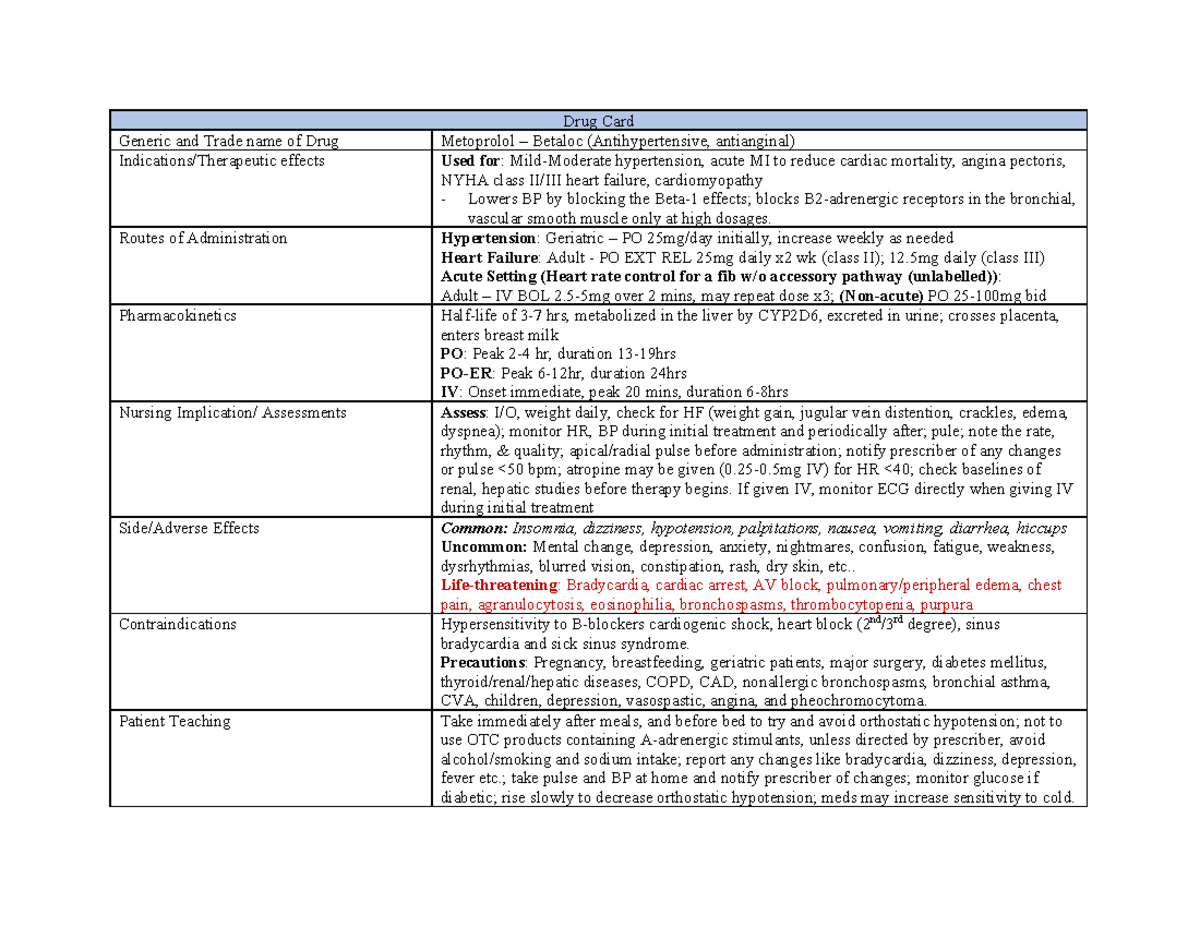 NURS 3020 Drug Cards - Drug Card Generic and Trade name of Drug ...