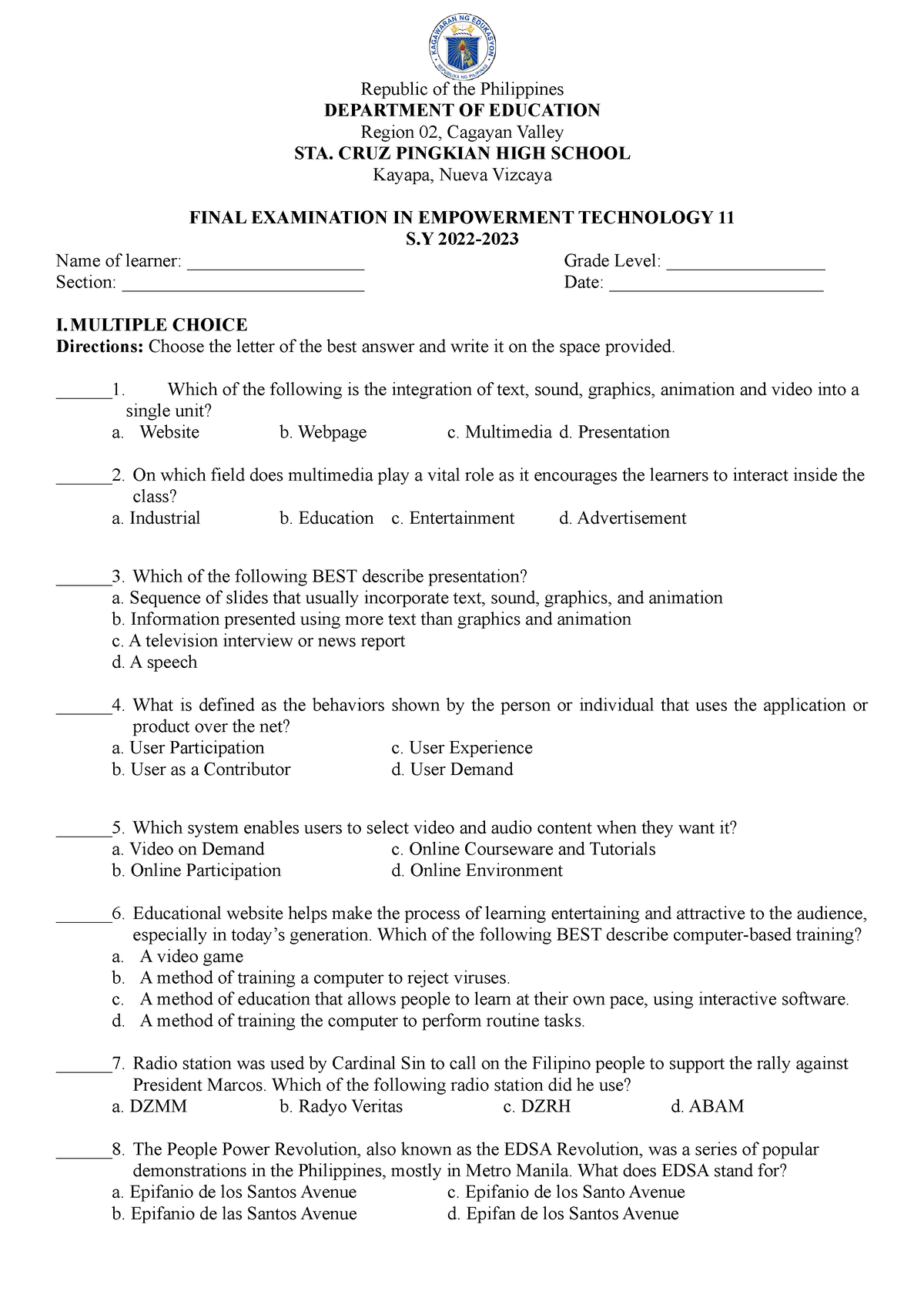 Emtech 2nd Q Exam - Republic Of The Philippines DEPARTMENT OF EDUCATION ...