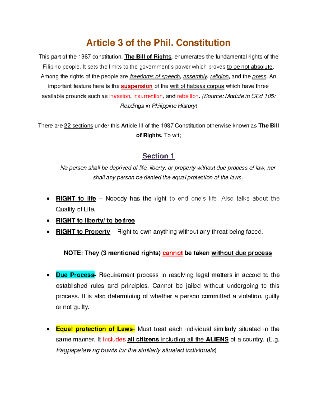 Bill Of Rights Article 3 Of The Phil Constitution This Part Of The 1987 Constitution The