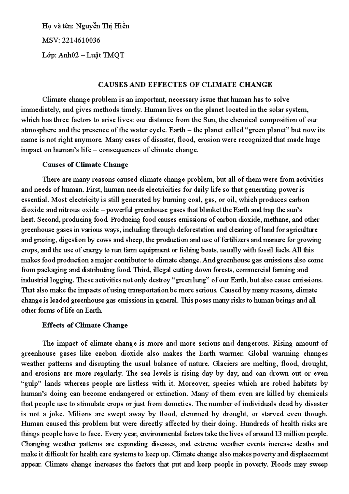 Causes AND Effects OF Climate Change - Họ và tên: Nguyễn Thị Hiền MSV ...